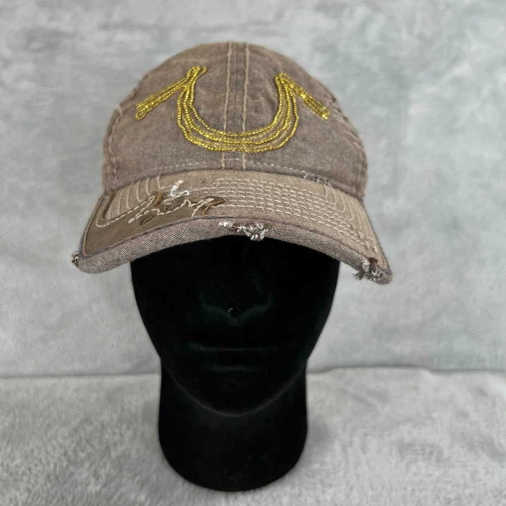 True Religion Brown Canvas Distressed Buddha Horseshoe Strapback Hat Cap Patch